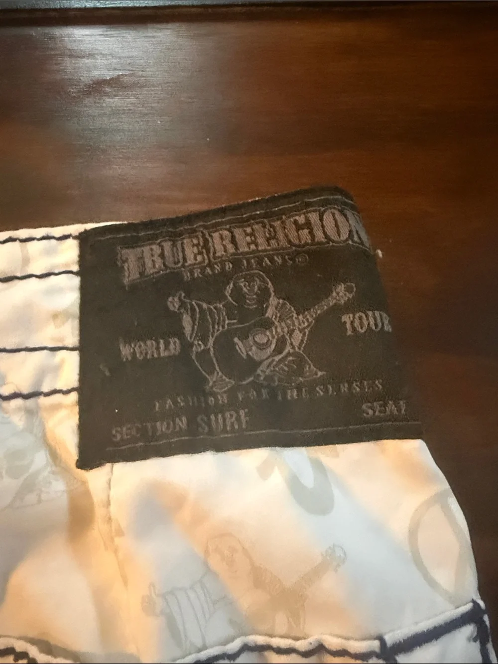 True Religion White Swim Board Shorts with Peace Print